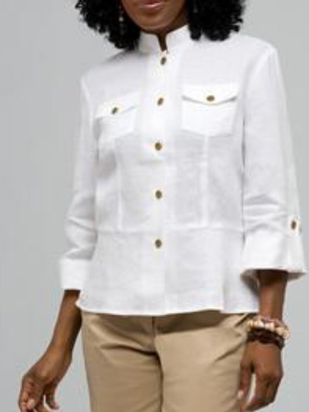 Jones NY White Cotton Button Down Top with Gold Buttons